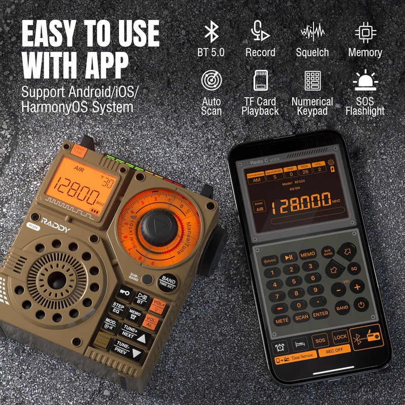 Raddy RF320 APP Control Shortwave Radio, AIR/FM/AM/VHF/SW/WB Receiver, Portable Radio Rechargeable w/ 9.85 Ft Wire Antenna (Yellow) - Image 2